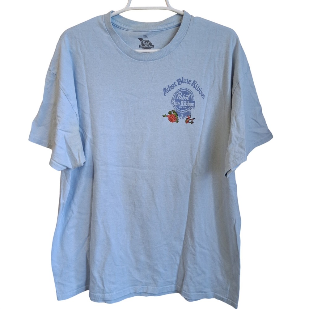 Pabst Blue Ribbon Beer Mens SS Graphic Tee XLLight Blue w/ Roses 2 Sided Logos